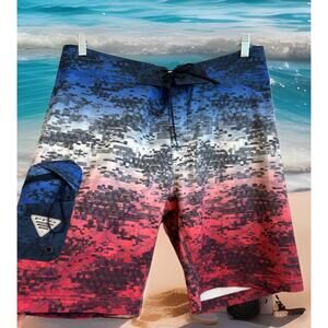 Columbia PFG Board Shorts 36 Swim Trunks Digital Camo Print Red White Blue USA